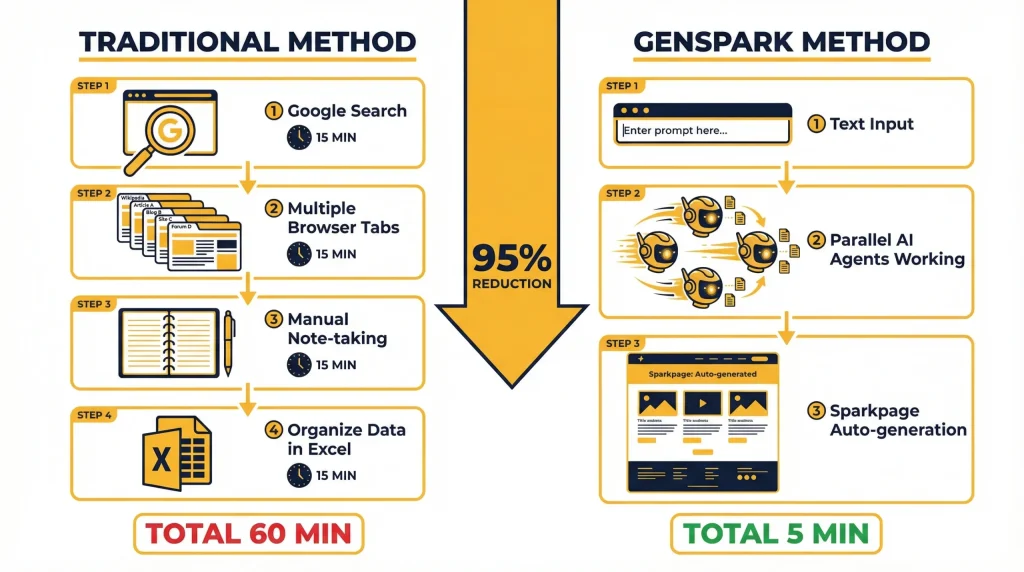 従来の競合調査とGenspark活用の比較インフォグラフィック