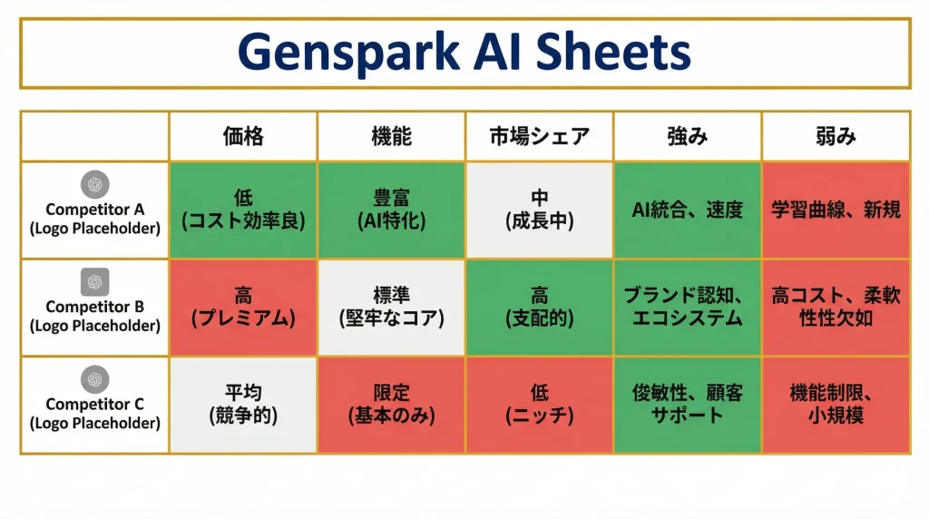AI Sheetsによる競合比較表のイメージ